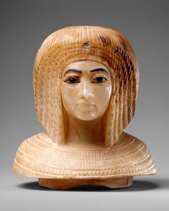 Deksel in de vorm van het hoofd van een koninklijke vrouw, ca. 1349-1336 v.Chr. (travertijn, blauw glas, obsidiaan) door Egyptian 18th Dynasty
