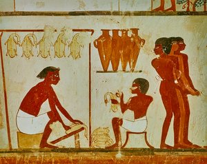 Vleesverwerking van de vogels, detail uit het graf van Nakht, ca. 1390 v.Chr. (muurschildering) door Egyptian 18th Dynasty