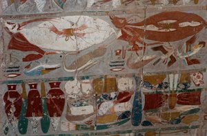 Geschilderd bas-reliëf, Dodentempel van Koningin Hatsjepsoet, Djeser-Djeseru (Heilige der Heiligen), Deir el-Bahri, Luxor, Thebe (UNESCO Werelderfgoedlijst) door Egyptian 18th Dynasty