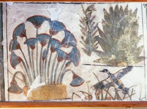 Schilderij van een eend tussen planten, uit het Paleis van Akhenaton, El-Awara, Egypte