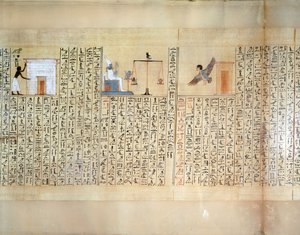 Papyrus die het wegen van het hart uit het Dodenboek van Maiherperi toont