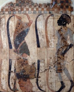 Gevangenen van veroverde landen, geschilderd op materiaal uit het graf van Toetanchamon, Egyptische beschaving, Nieuwe Koninkrijk, Dynastie XVIII, Detail (gezicht) door Egyptian 18th Dynasty