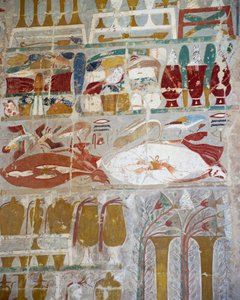 Voorzieningen en aardewerk aangeboden aan goden door Koningin Hatsjepsoet, geschilderd reliëf, Kapel van Anubis, Dodentempel van Koningin Hatsjepsoet, ook bekend als Djeser-Djeseru, Deir el-Bahri, Thebe. Egyptische beschaving, Nieuwe Rijk, Dynastie XVIII