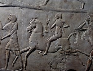 Estafette te paard, (detail), kalkstenen reliëf van militair kamp van soldaten, uit Memphitisch Graf van Horemheb in Saqqara, Egyptische beschaving, Nieuwe Rijk, Dynastie XVIII door Egyptian 18th Dynasty