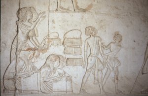 Reliëf dat schrijvers aan het werk toont, uit het graf van Horemheb (ca.1323-1295 v.Chr.) Nieuwe Koninkrijk