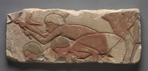 Talatat: Mannen schoffelen de aarde, ca. 1353-1347 v.Chr. (beschilderd zandsteen) door Egyptian 18th Dynasty
