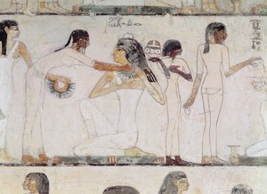 De toilet van edelvrouwen, uit het graf van Rekhmire, vizier van Thoetmosis III en Amenhotep II, Nieuwe Koninkrijk