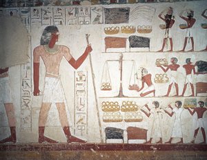 Het wegen van koper, fresco, graf van Userhat, leraar en schrijver tijdens het bewind van Amenhotep II, ook bekend als graf TT56, Sheikh Abd el-Qurna, Thebe (Unesco Werelderfgoedlijst)