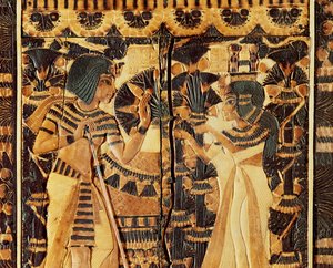Bovenpaneel van een kist, uit het graf van Toetanchamon, Nieuwe Koninkrijk (hout, brons, ivoor & gekleurd glazuur) door Egyptian 18th Dynasty