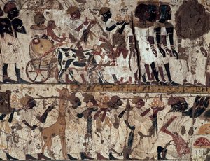Hulde aan de Nubische adel van koning Toetanchamon, graf van Huy, Qurnet Murai, Thebaanse Necropolis (Unesco Werelderfgoedlijst) door Egyptian 18th Dynasty