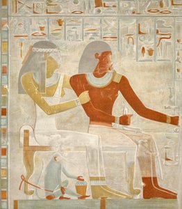 Illustratie van de fresco Paheri en zijn vrouw Henut-er-neheh uit het graf van Paheri in El Kab, Egypte, afbeelding gepubliceerd in 1895 (Print) door Egyptian 18th Dynasty