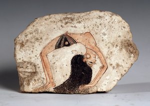 Een vrouwelijke acrobatische danseres, Ostrakon. Kalksteen, circa 1295-1186 v.Chr. door Egyptian 19th Dynasty