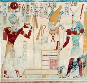 Kunst Egypte: Sethos biedt ornamenten aan Osiris door Egyptian 19th Dynasty