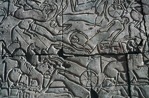 Bas-reliëf met gevechtsscène, Ramesseum, Dodentempel van Ramses II, Luxor, Thebe (UNESCO Werelderfgoed)