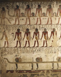 Egypte, Luxor, Vallei der Koningen, Graf van Seti I, Reliëf van geschilderde scènes uit Boek der Poorten