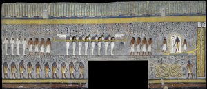 Egypte, Thebe, Luxor, Vallei der Koningen, Graf van Ramses I, muurschildering van Ra in zonneboot in grafkamer uit de 19e dynastie door Egyptian 19th Dynasty