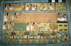Egypte, Thebe, dorp van staatsarbeiders in Dayr al-Madinah (Deir el-Medina), tombe van Sennedjem, fresco die landbouwscènes in de velden van Ialu afbeeldt, Nieuwe Koninkrijk, Dynastie XIX door Egyptian 19th Dynasty