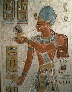Egyptische oudheden: farao Ramses I (1320-1310 v.Chr.) brandt wierook en giet water bij een ceremonie. Graf van Ramses I, Vallei der Koningen, Egypte door Egyptian 19th Dynasty