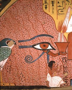 Egyptische oudheid: de ambachtsman Pached knielt in aanbidding naast hem, het oog van Horus Oudjat door Egyptian 19th Dynasty