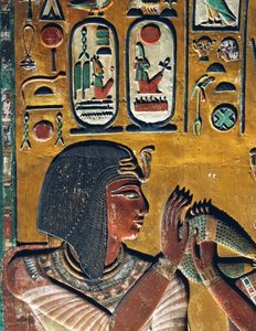 Godin Hathor biedt haar ketting aan de farao aan (laag reliëf) door Egyptian 19th Dynasty