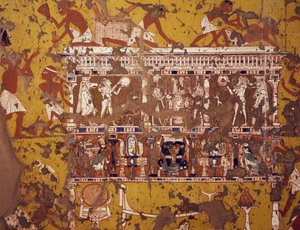 Maken van gebeeldhouwde baar, fresco, graf van beeldhouwer Ipy, Deir el-Medina Thebaanse Necropolis (UNESCO Werelderfgoedlijst) door Egyptian 19th Dynasty
