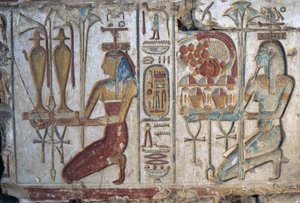 Offerscène, reliëf, Tempel van Ramses II, Abydos, Egypte, Egyptische beschaving, Nieuwe Rijk, Dynastie XIX (foto) door Egyptian 19th Dynasty