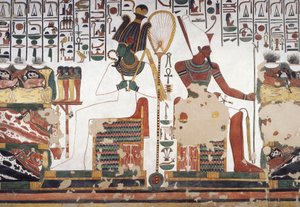 Osiris en Atum, fresco, oostmuur, oostelijke zijkamer, Graf van Nefertari (QV66), Vallei der Koninginnen, Thebe (Unesco Werelderfgoedlijst)