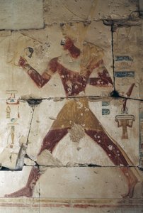 Geschilderd reliëf dat Farao afbeeldt, Tempel van Ramses II, Abydos, Egypte, Egyptische beschaving, Nieuwe Rijk, 19e Dynastie