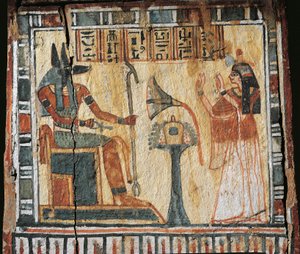 Geschilderde houten doos met afbeelding van overledene en god Anubi, voor shabtis van Tamutnofret