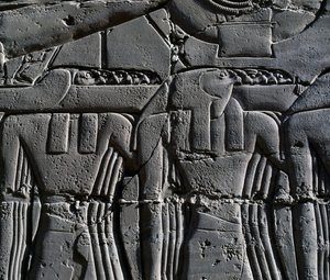 Priester met havikmasker (detail) van scène die Ramses II voorstelt voor heilige boot, reliëf, binnenmuren van Grote Hypostyle Hal, Karnak tempelcomplex (Unesco Werelderfgoedlijst) door Egyptian 19th Dynasty
