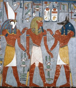Ramses I tussen Horus en Anubis, fresco, grafkamer, Tombe van Ramses I, Vallei der Koningen, Thebe