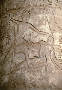 Ramses houdt zijn Aziatische vijanden bij hun haar terwijl hij zich voorbereidt om hen te doden, reliëf, Tempel van Seti I, Kanais, Egypte, Egyptische beschaving, Nieuwe Koninkrijk, Dynastie XIX door Egyptian 19th Dynasty