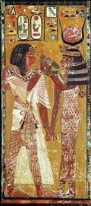 Reliëf met de godin Hathor die de magische kraag op Seti I plaatst
