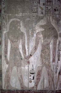 Seti I (1303-1290 v.Chr.) en Anubis in het Graf van Seti, Nieuwe Koninkrijk