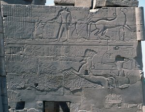 Slag van Seti I tegen Palestina, reliëf, oostelijke buitenmuur van Grote Hypostyle Hal, Karnak tempelcomplex (UNESCO Werelderfgoedlijst) door Egyptian 19th Dynasty