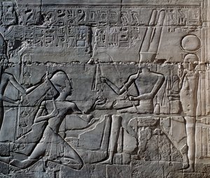 Campagnes van Seti I in Syrië en Palestina, reliëf, noordelijke buitenmuur van Grote Hypostyle Hal, Karnak tempelcomplex (UNESCO Werelderfgoedlijst) door Egyptian 19th Dynasty