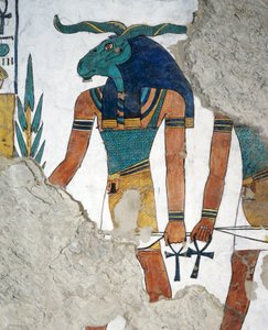 De boodschapper met een ramshoofd, derde deur van het Koninkrijk van Osiris, hoofdstuk 144 van het Dodenboek, fresco, grafkamer, Graf van Nefertari (QV66), Vallei der Koninginnen, Thebe. Egyptische beschaving, Nieuwe Koninkrijk, Dynastie XIX. door Egyptian 19th Dynasty
