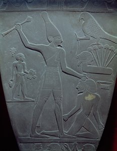 Het Narmer-palet: ceremonieel palet dat koning Narmer afbeeldt, met de witte kroon van Opper-Egypte, een gevangene slaand, gevonden in Hieraconpolis, Vroeg-dynastieke Periode, ca. 3000 v.Chr. door Egyptian 1st Dynasty