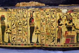 Detail van de buitenste kistbasis van de mummie van Nesyamun, mogelijk gevonden in Deir El-Bahri, Nieuwe Koninkrijk, c.1100 v.Chr. (beschilderd hout) door Egyptian 20th Dynasty