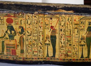 Detail van de buitenste kistbasis van de mummie van Nesyamun, mogelijk gevonden in Deir El-Bahri, Nieuwe Koninkrijk, circa 1100 v.Chr. (beschilderd hout) door Egyptian 20th Dynasty