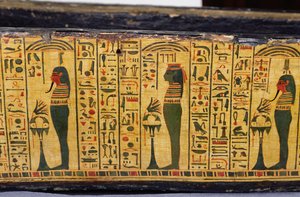 Detail van de buitenste kistbasis van de mummie van Nesyamun, mogelijk gevonden in Deir El-Bahri, Nieuwe Koninkrijk, circa 1100 v.Chr. (beschilderd hout) door Egyptian 20th Dynasty