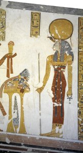 Egypte, Thebe, Luxor, Vallei der Koningen, Graf van Prins Mentuherkhepeshef, muurschildering van de kat-hoofd godin Bastet, 20e dynastie door Egyptian 20th Dynasty
