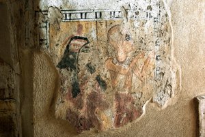 Egyptische oudheid: voorstelling van Shuroy en zijn vrouw in aanbidding. Schildering van het graf van Shuroy (TT13). 20e dynastie. 1190-1077 v.Chr. Necropolis van Dra Abu el-Naga, Westelijke Oever van Luxor, Egypte