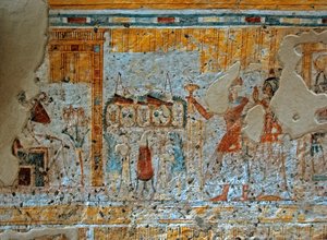 Egyptische oudheid: voorstelling van Shuroy en zijn vrouw die de god Osiris aanbidden, zittend voor de vier zonen van Horus in een papyrusblad. Schildering van het graf van Shuroy (TT13). 20e dynastie. 1190-1077 v.Chr. Necropolis van Dra Abu el-Naga, Westo