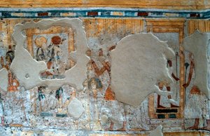Egyptische oudheid: voorstelling van Shuroy en zijn vrouw die de god Thot en de godin Ra aanbidden door Egyptian 20th Dynasty