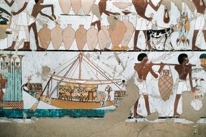 Muurschildering met scène van wijntransport per boot, uit het Nieuwe Rijk door Egyptian 20th Dynasty