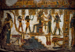 Kunst van Egypte: Osiris ontvangt eerbetoon van vier godheden: Thot, Maat, Heka en Harsiesi. Een van de goden houdt de sleutel van het leven in de vorm van een ankh. Hieronder twee voorstellingen van het oog van Horus door Egyptian 21st Dynasty
