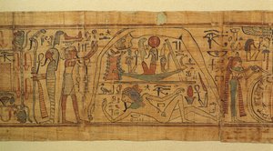 Boek van mythologische afbeeldingen van Nespakachuty, de scheiding van hemel en aarde met de zonneboot door Egyptian 21st Dynasty