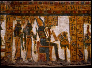 Egyptische oudheid: de godheden Isis en Nephtys aanbidden Osiris. Ze houden sleutels van het leven in de vorm van een kruis (Ankh). Decoratie van de antropoïde sarcofaag van de schrijver Butehamon, 21e dynastie (1085-935 v.Chr.). Museum van Egypte in Turij door Egyptian 21st Dynasty