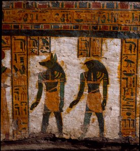 Egyptische oudheid: de grafgenieën Douamoutef en Kebehsenouf (of Qebehsenouf). Decoratie van de antropoïde sarcofaag van de schrijver Butehamon, 21e dynastie (1085-935 v.Chr.). Museum van Egypte in Turijn (Torino, Museo Egizio) door Egyptian 21st Dynasty